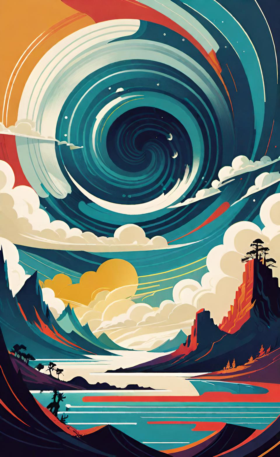 A vibrant weather tapestry dances with swirling storms.