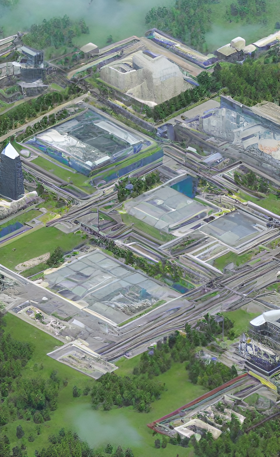 Aerial view of industrial site with minimal air pollution Ground-level air quality